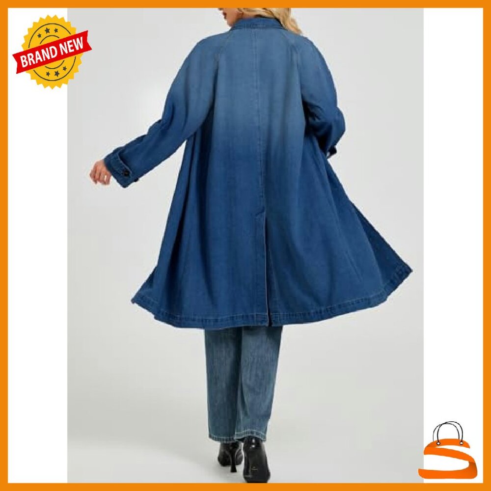 Oversized Denim Trench Coat Midi Length Casual Jacket Women's - Picture 3 of 8